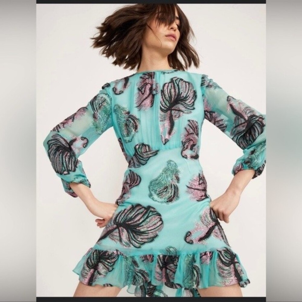 Cynthia Rowley Inverness Metallic Fish Blouson-sleeve Dress In Green Sz4 - Picture 9 of 13